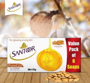 Santoor PureGlo Glycerine Soap with Almond Oil and Glycerine, 125gm Santoor PureGlo Glycerine Soap 6 N