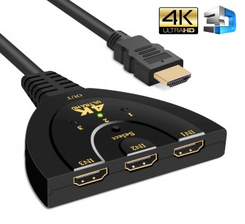TECHNOTECH HDMI SWITCH, 3 PORT 4K HDMI SWITCH 3 IN 1 OUT WITH HIGH SPEED SWITCH SPLITTER PIGTAIL CABLE SUPPORTS FULL HD 4K 1080P 3D PLAYER HD AUDIO FOR HDTV, PROJECTOR, COMPUTER,MONITORS