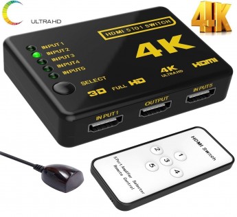 Technotech 5 Port 5 in 1 5X1 HDMI Switch with Remote Control Switcher Selector Box Hub IR Supports High Speed HD 1080P 3D 4K IDEO Audio Auto Switching HDCP 5 in 1 Out 5 Input 1 Output