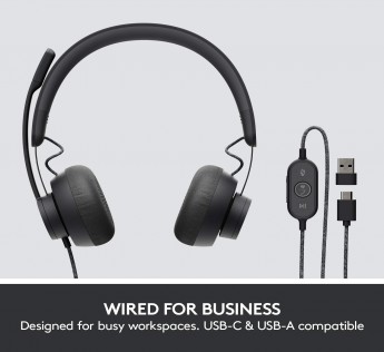 LOGITECH ZONE WIRED NOISE CANCELLING HEADSET, CERTIFIED FOR MICROSOFT TEAMS WITH ADVANCED NOISE-CANCELING MIC TECHNOLOGY FOR OPEN OFFICE ENVIRONMENTS, USB-C WITH USB-A ADAPTER, GRAPHITE.