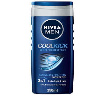 NIVEA Men Body Wash, Cool Kick with Refreshing Icy Menthol, Shower Gel for Body, Face & Hair, 250 ml