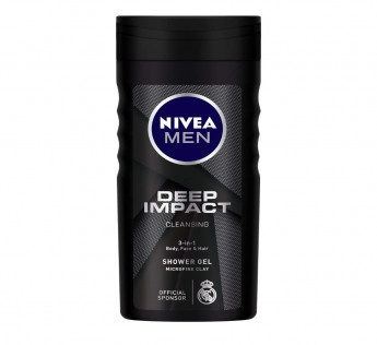 NIVEA Men Body Wash, Deep Impact, 3 in 1 Shower Gel for Body, Face & Hair, with Microfine Clay, 250 ml