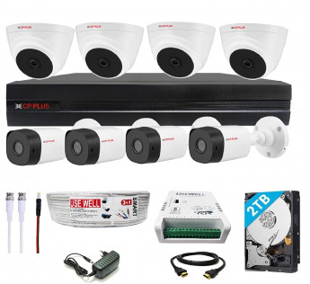 CP PLUS Full HD 8 Channel DVR with 2.4 MP 4 Dome & 4 Bullet Cameras + 2 TB HDD + (3+1) Cable roll + 8 CH Power Supply + USEWELL BNC & DC Full Combo Kit
