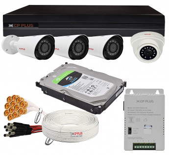 CP PLUS 2.4 MEGAPIXEL, H.265+, 4 CAMERA COMBO KIT WITH 4CH DVR, 1 DOME 3 BULLET CAMERAS, 1TB HDD, POWER SUPPLY, 90MTR CABLE, AUDIO MIC AND CONNECTORS WIRED FULL HD CCTV SECURITY CAMERA SET
