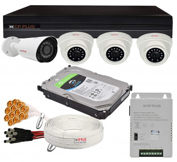 CP PLUS WIRED 2.4MP, H.265+, 500GB STORAGE, 4CAMERA COMBO KIT WITH (4CH DVR, 3 DOME, BULLET CAMERAS, 500GB HDD, POWER SUPPLY, 90MTR CABLE, AUDIO MIC AND CONNECTORS) FULL HD CCTV SECURITY CAMERA SET