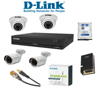 D-LINK FULL COLOR 2MP 2 DOME & 2 BULLET CCTV CAMERA SET WITH 4 CHANNEL DVR + 500GB HARD DRIVE + POWER SUPPLY + CCTV WIRE COMBO KIT