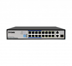 DLINK DES-F1018P-E - 18-PORT POE SWITCH WITH 16 10/100MBPS POE+ PORTS (8 LONG REACH 250M) AND 2 GIGABIT UPLINKS WITH COMBO SFP. POE BUDGET 150W